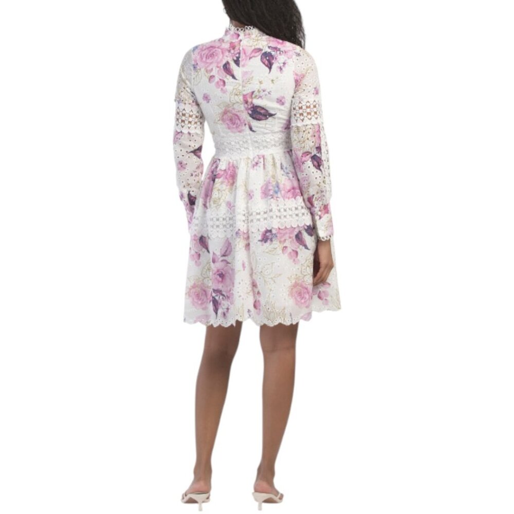 DALIA MACPHEE Long Sleeve Floral Eyelet Lace Trim Mini Dress - Picture 2 of 6